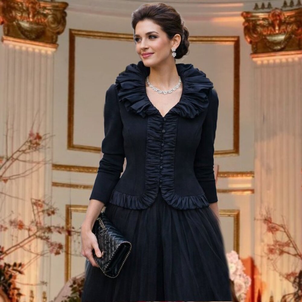 MOSSAIC Vintage Sculptural Ruffled Collar Ruched Front Black Jacket Sz 16